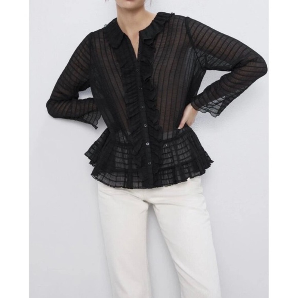 Zara Black Sheer Ruffle Blouse Women's M Button Front Peplum Romantic Gothic‎